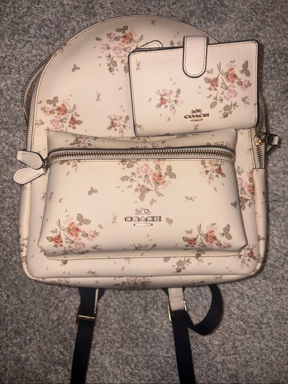 Coach Cream Floral Backpack with Matching Wallet - Pink & Tan Accents